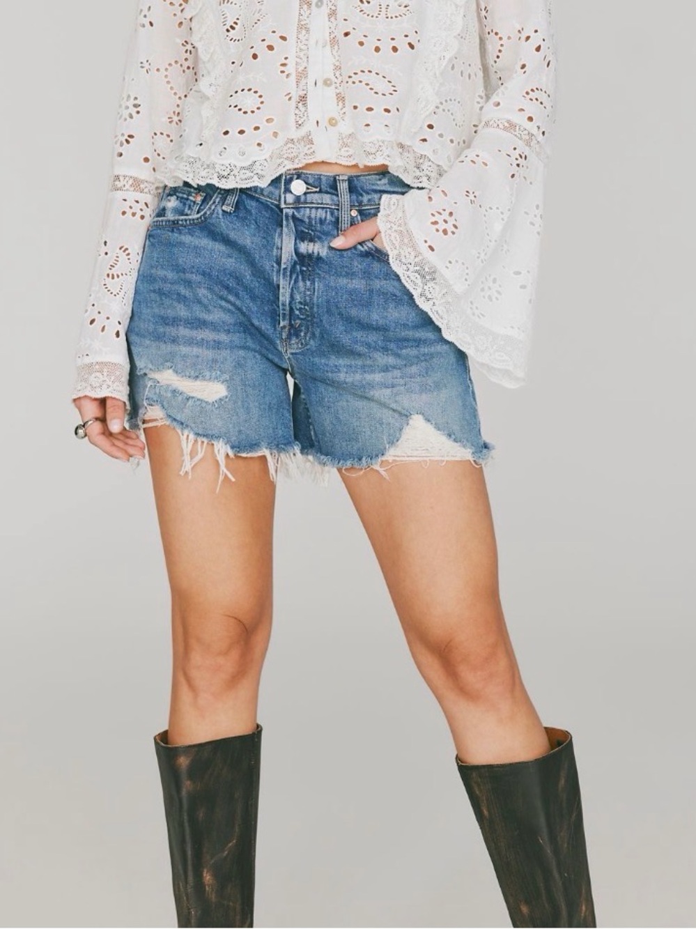 MOTHER Raw Hem Distressed Denim Shorts - Blue